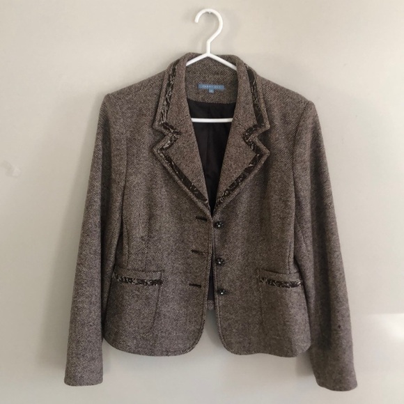 Classic Tweed Wool Blend Brown Blazer Size 13 Smart Set - Picture 1 of 13